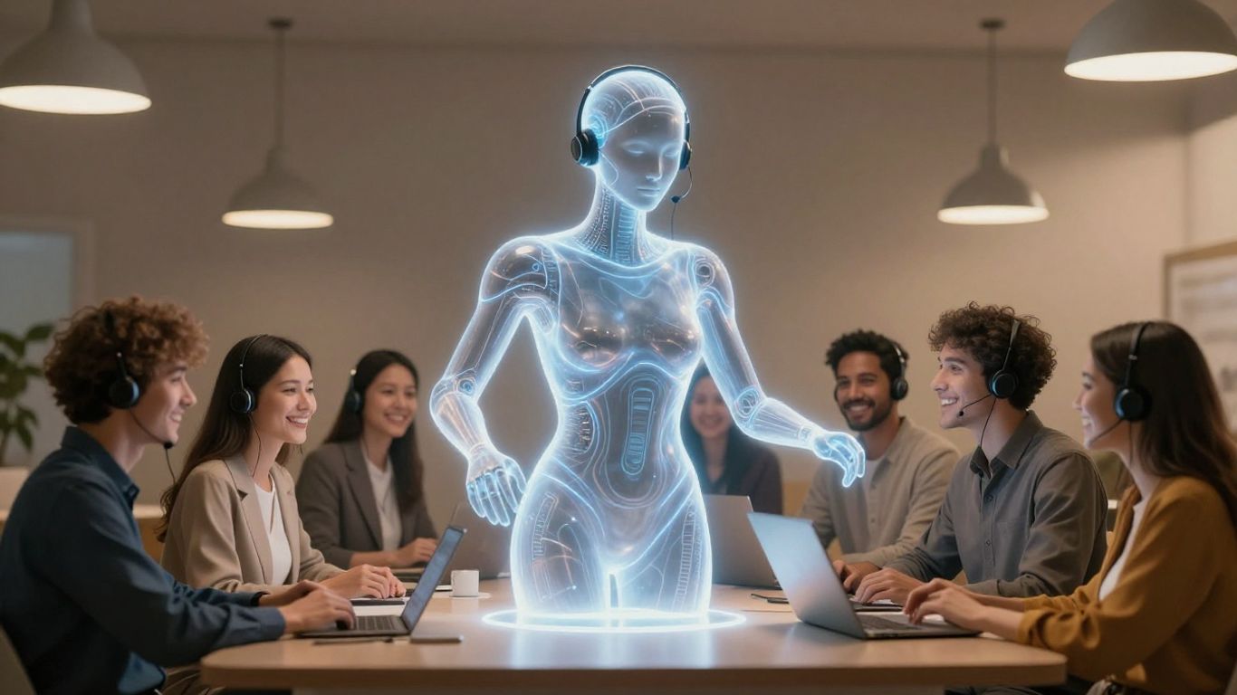 AI agent assisting happy customers in a modern setting.