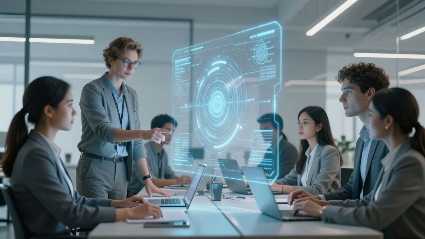 AI interfaces in a modern business office setting.