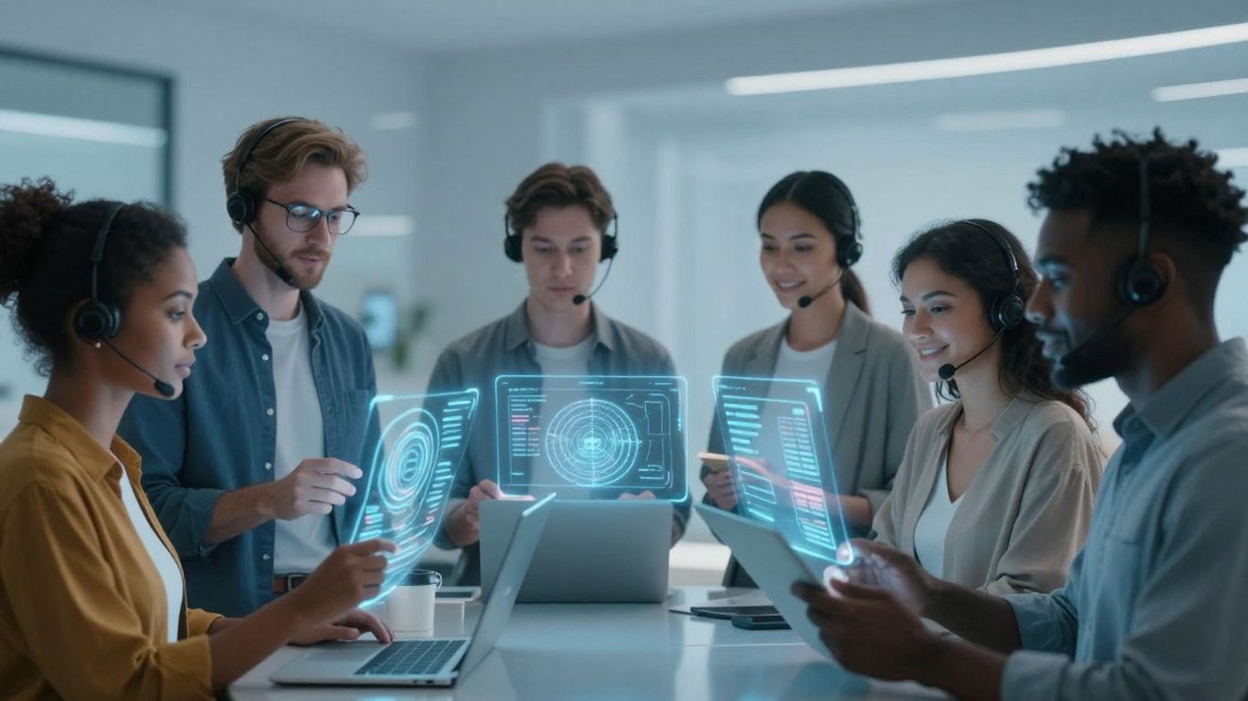 People interacting with futuristic AI interfaces for customer service.