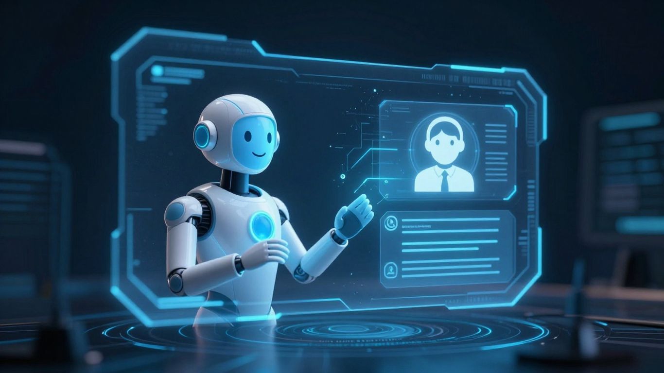 AI chatbot avatar interacting with customer profile on holographic interface.