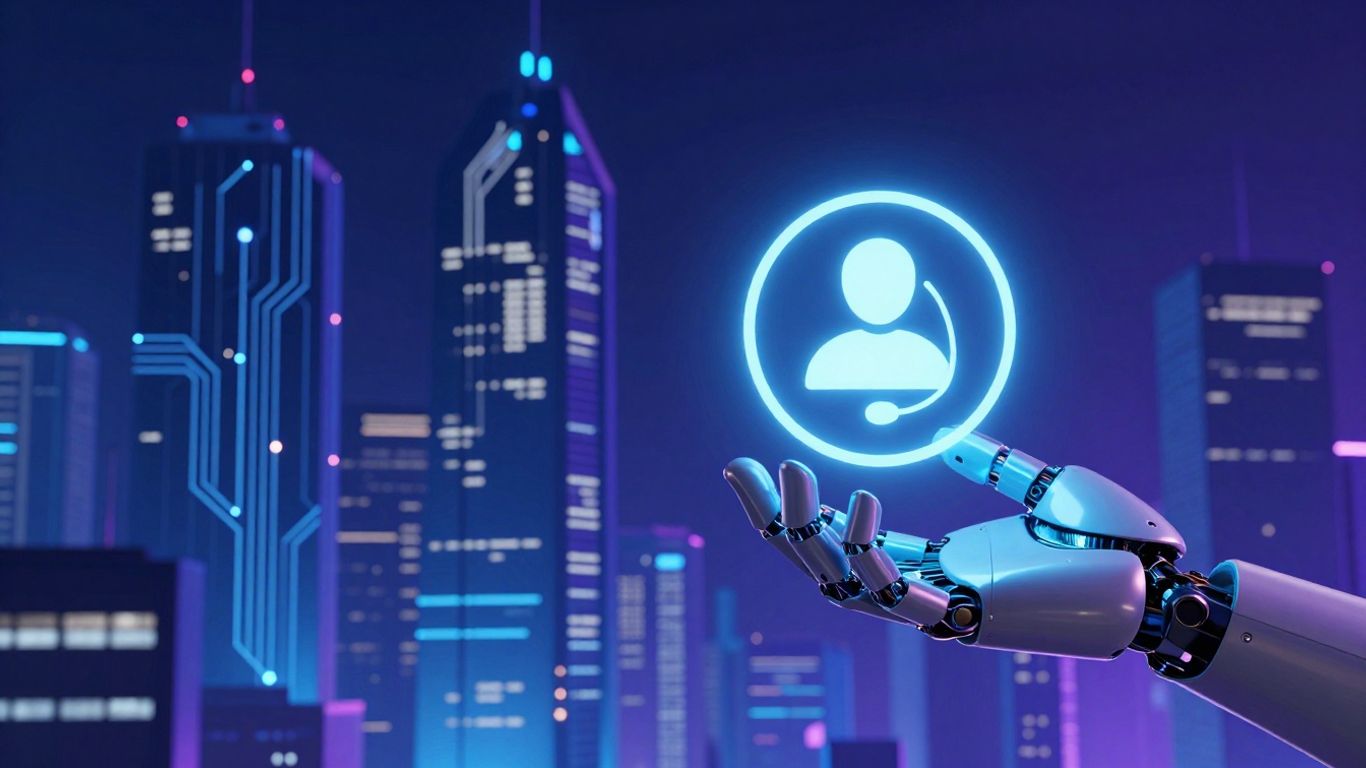 AI customer service technology futuristic cityscape
