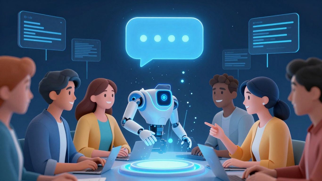 AI chatbot assisting happy customers with glowing interface.