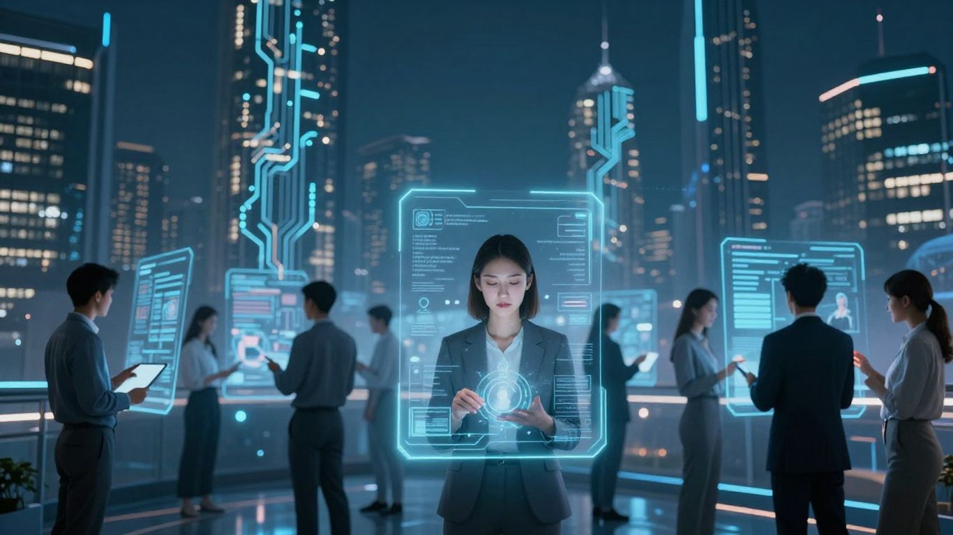 AI customer service interfaces in a futuristic city.