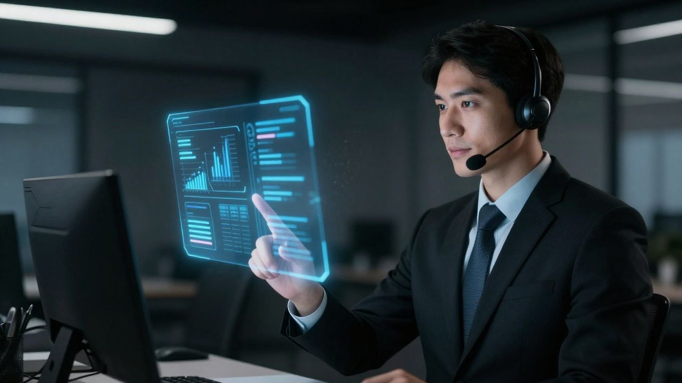 AI assisting customer service agent with holographic interface.