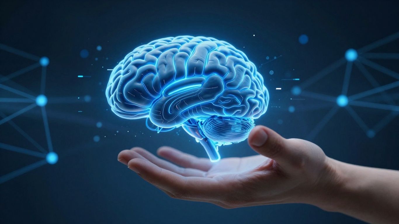 AI brain connecting with human hand in digital space.