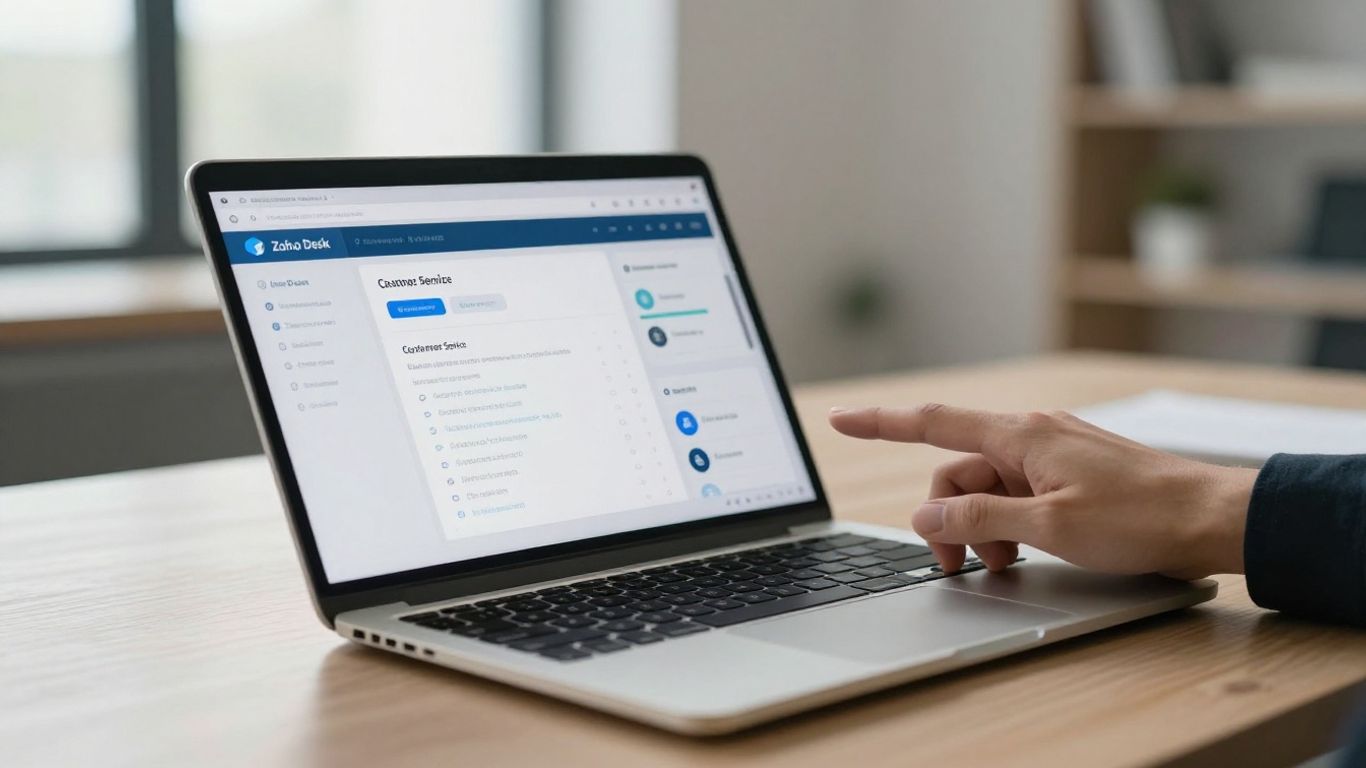 Zoho Desk customer service AI assistant interface on a laptop.