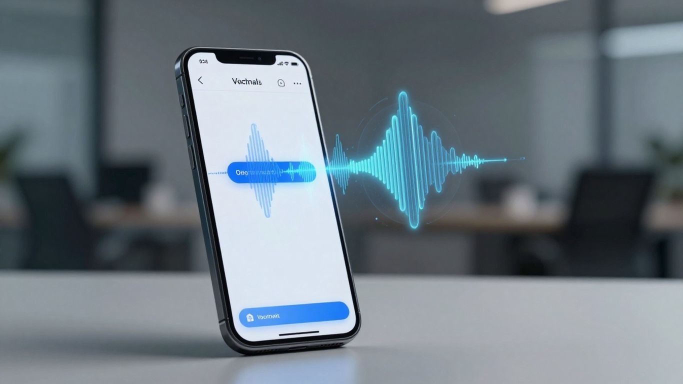 AI voicemail interface on a smartphone with digital waveforms.