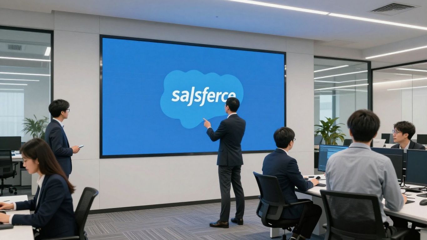 Salesforce logo on a screen in a modern office.