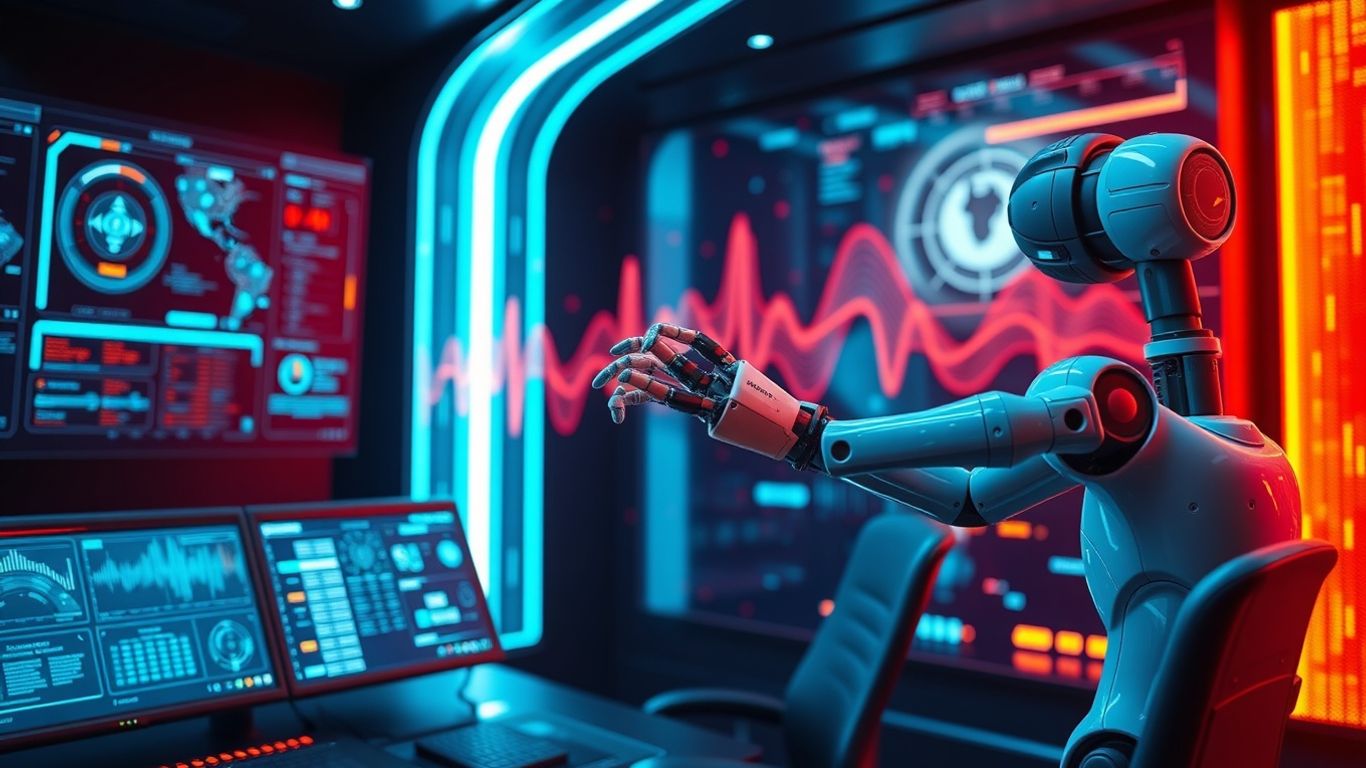 AI robot arm managing data streams in a futuristic control room.