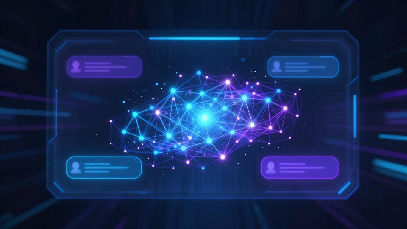 AI chatbot interface with glowing data network.