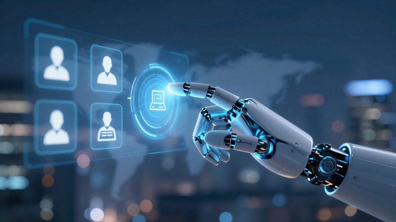 AI robot hand interacting with customer service interface.