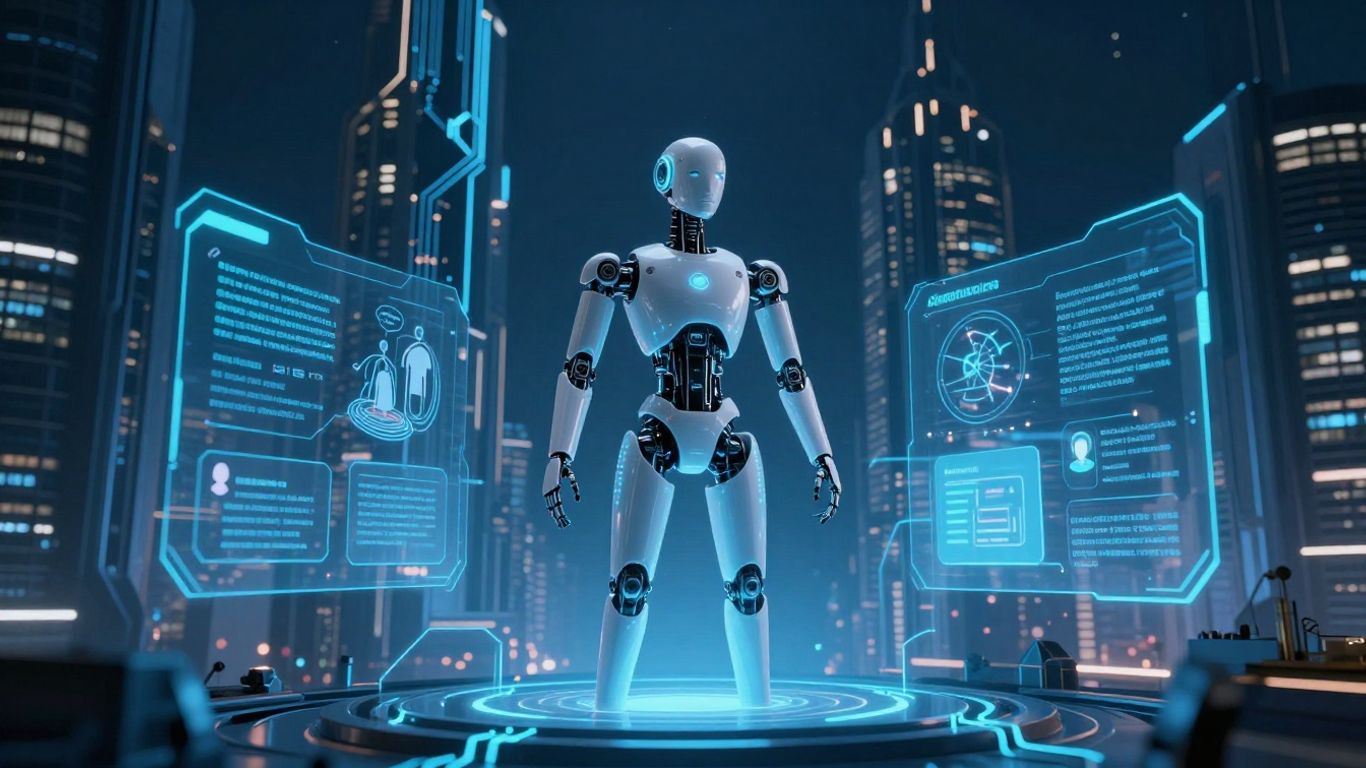 AI customer service robot in futuristic city