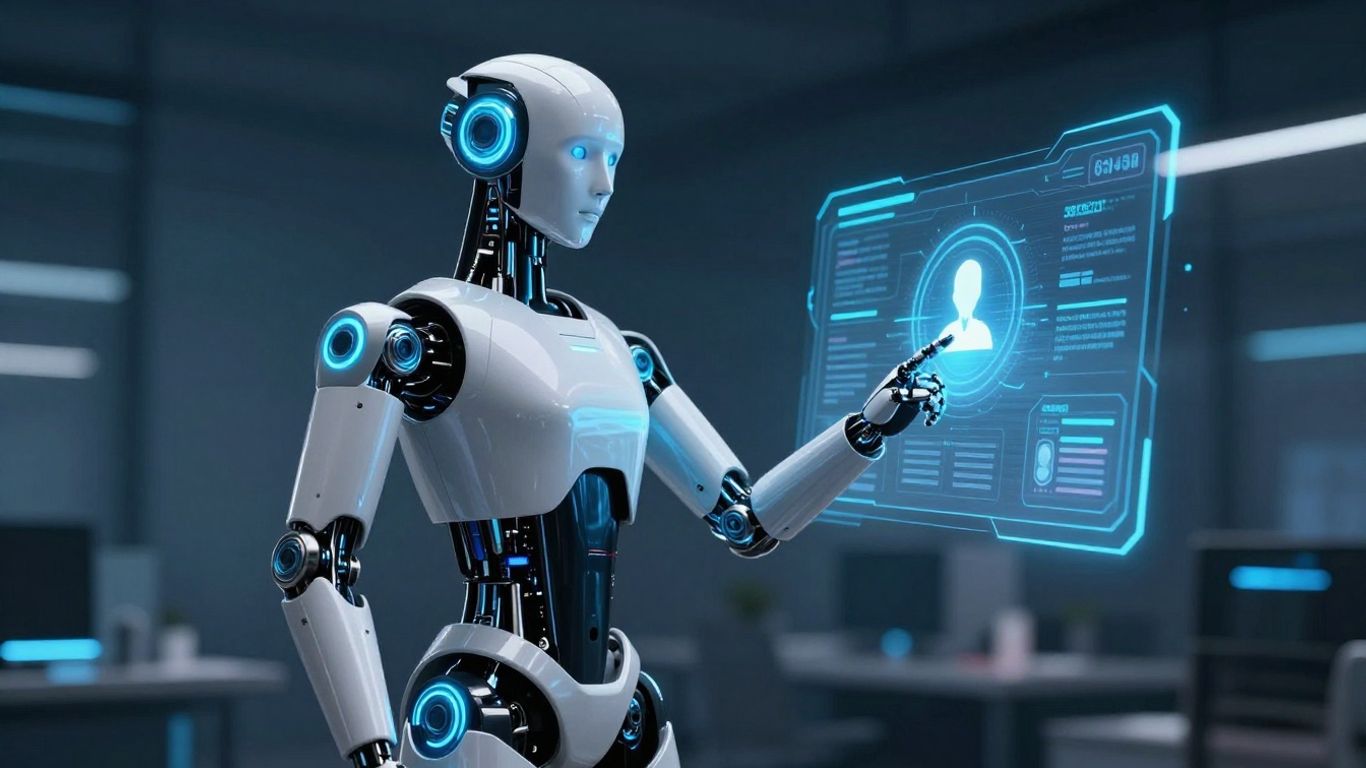 AI robot assisting customers with futuristic interfaces.