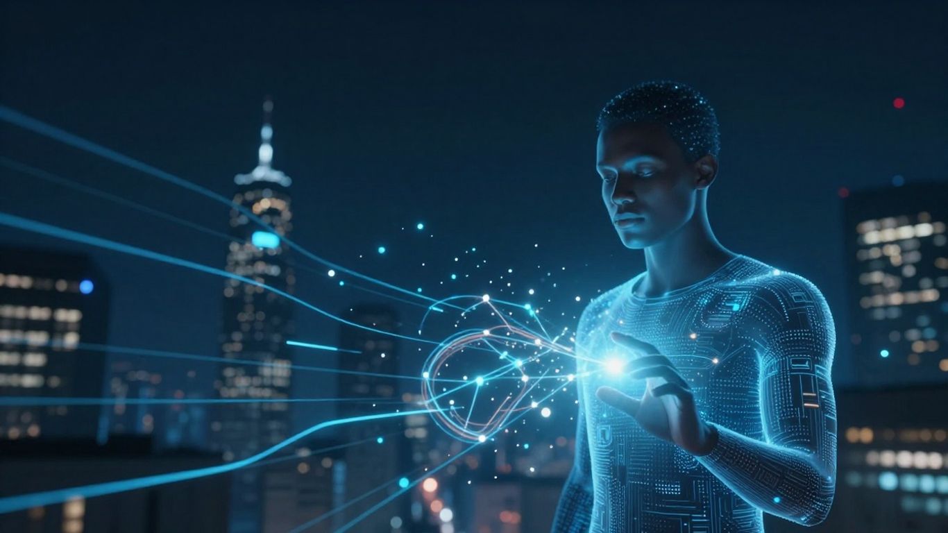 AI customer service interface with glowing data streams.