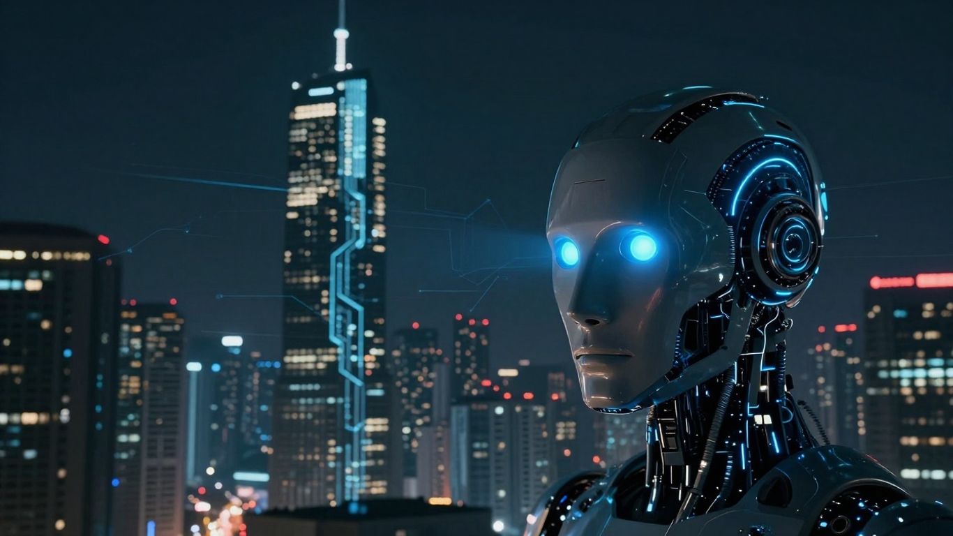 Futuristic cityscape with a robot head.