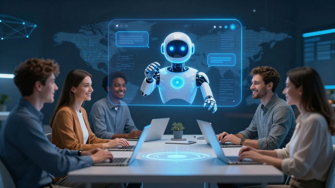 Futuristic AI chatbot assisting happy customers with glowing interface.