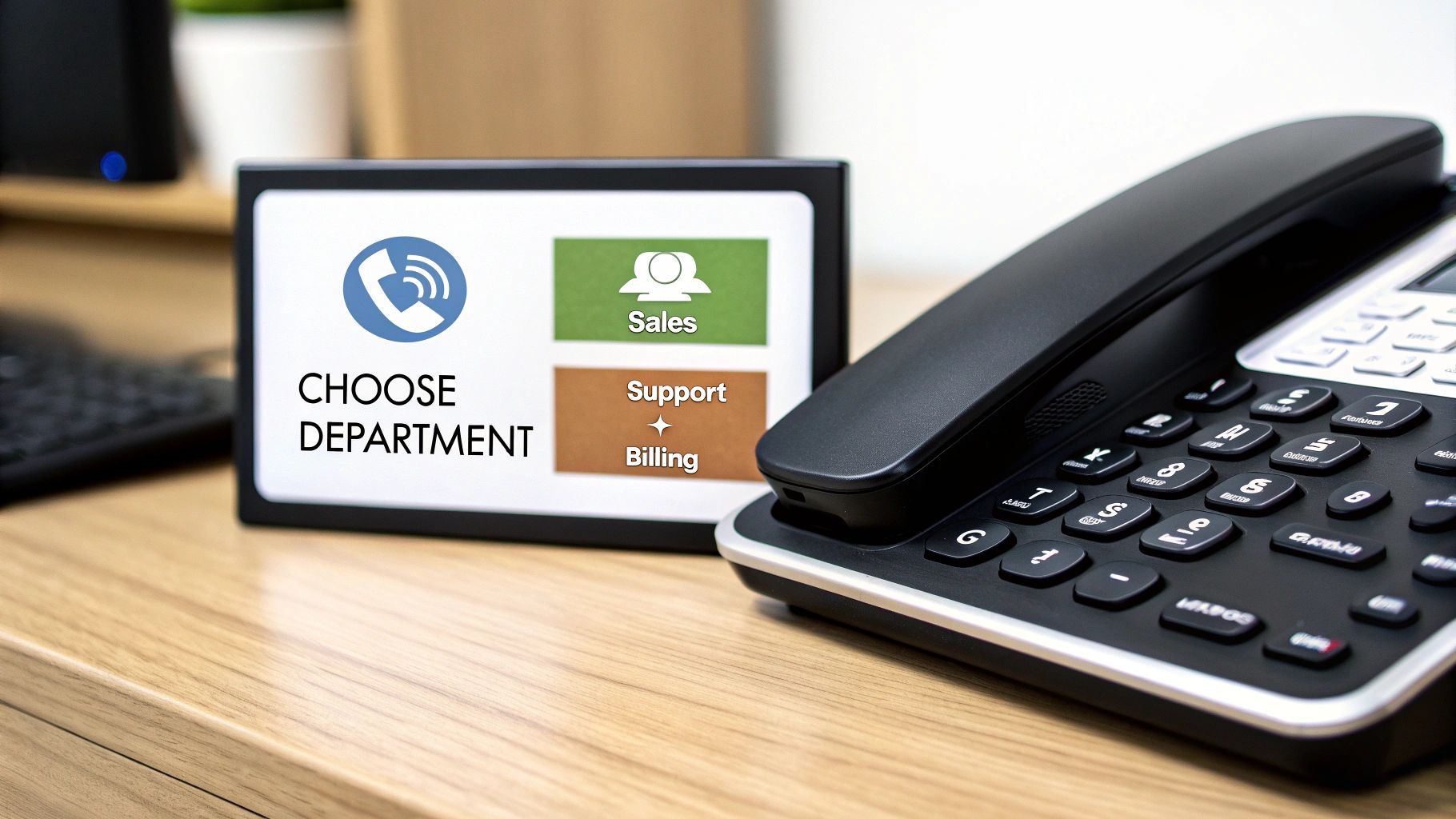 A black landline phone next to a digital display showing options for Sales, Support, and Billing departments.