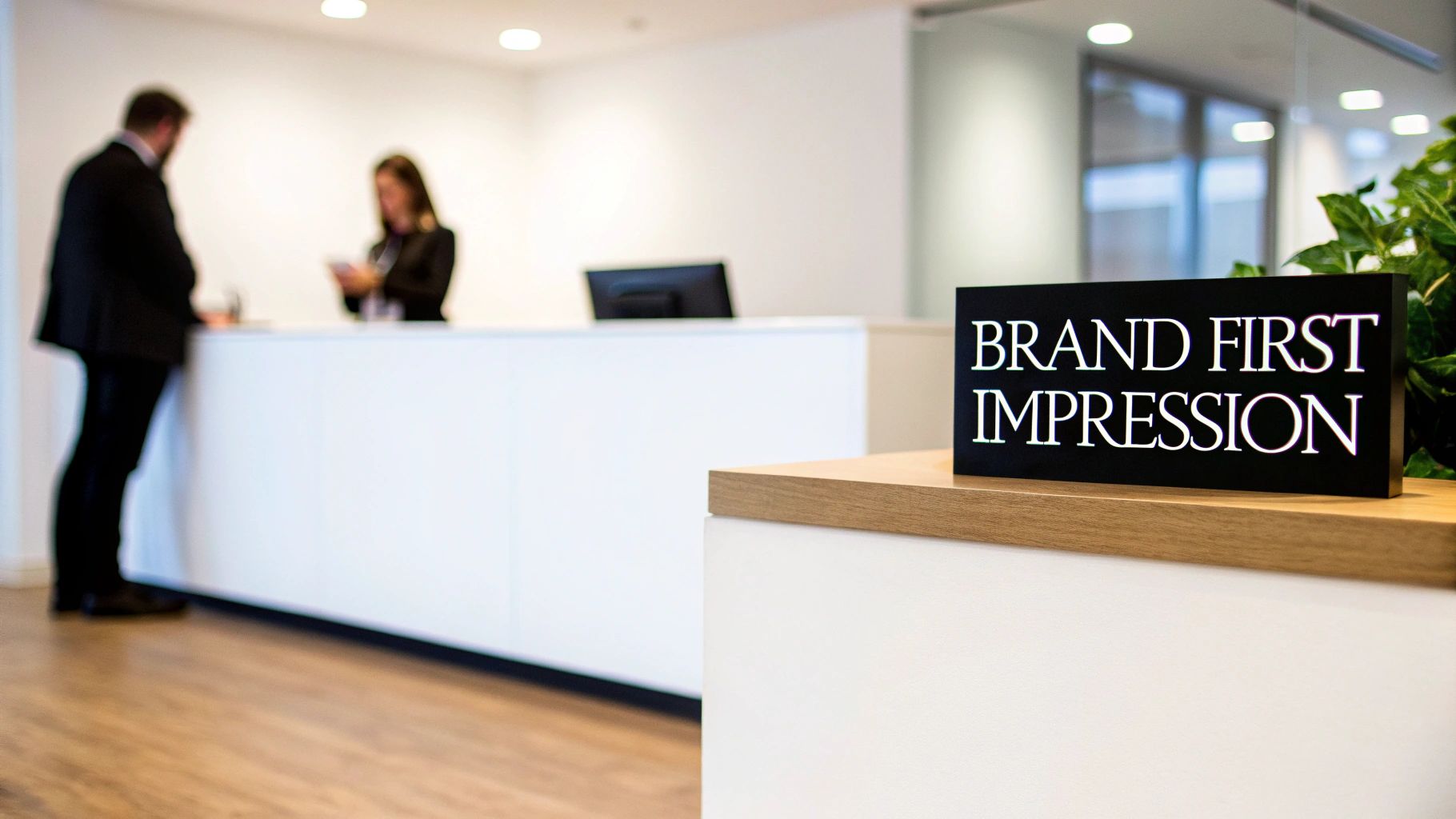 A black sign with 'BRAND FIRST IMPRESSION' on a wooden surface in a modern reception area.