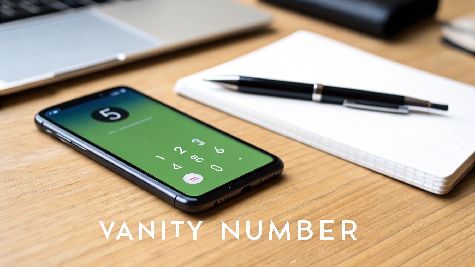 A smartphone on a wooden desk displaying a dial pad, next to a laptop, notebook, and pen.
