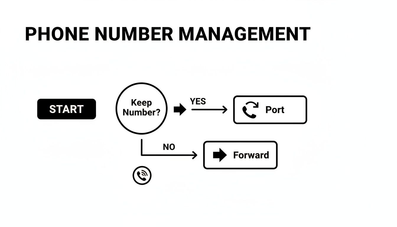 Flowchart detailing phone number management, with options to port or forward based on keeping the number.