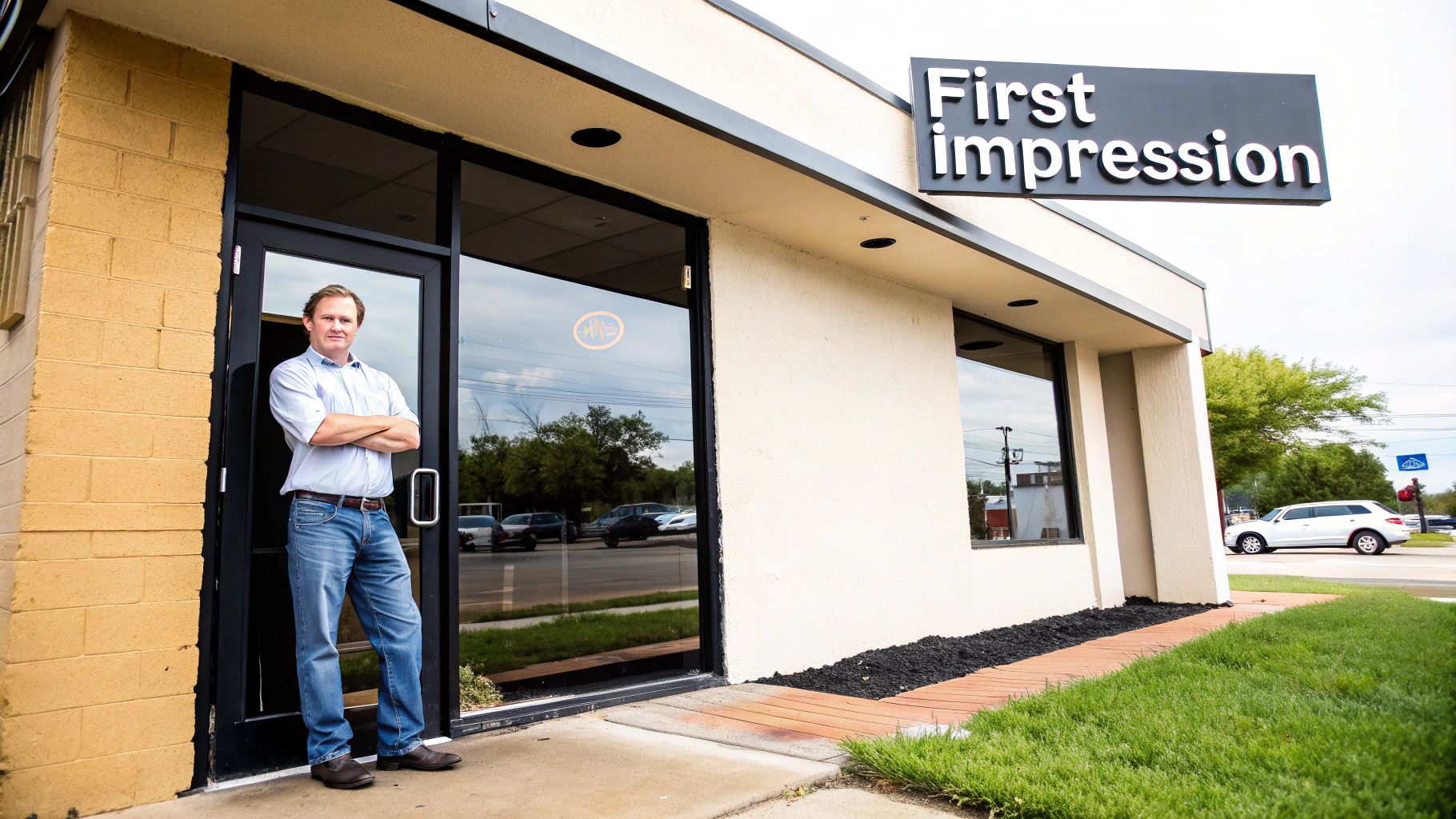 A man in a light blue shirt and jeans stands with arms crossed outside a business named "First Impression."