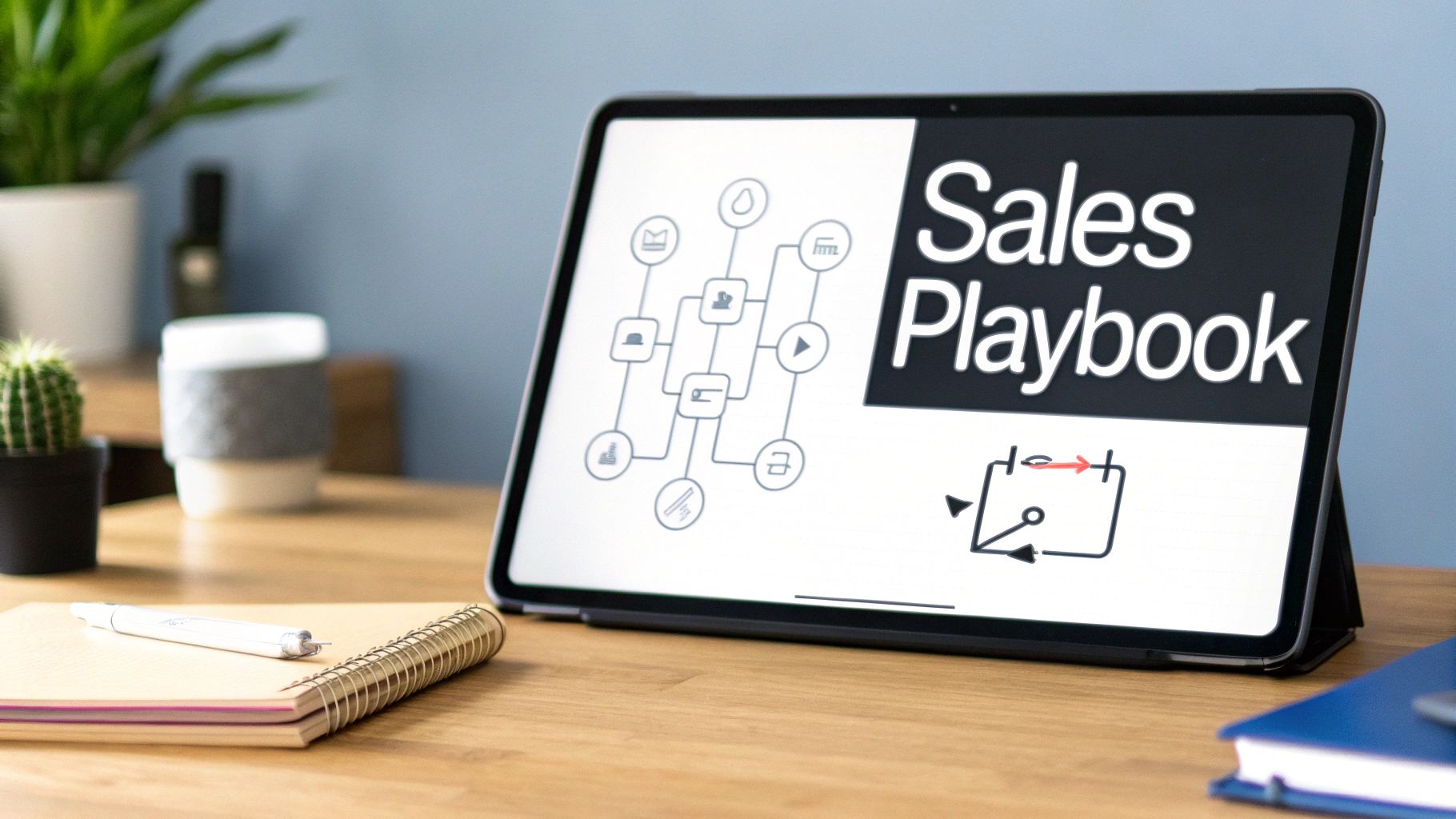 iPad displaying a 'Sales Playbook' and process flowchart on a wooden desk with a notebook.