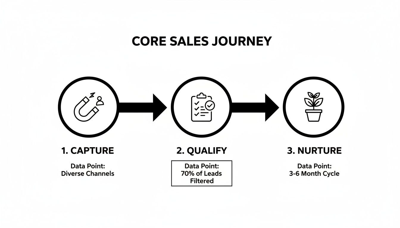 A visual flowchart illustrating the core sales journey with Capture, Qualify, and Nurture stages.