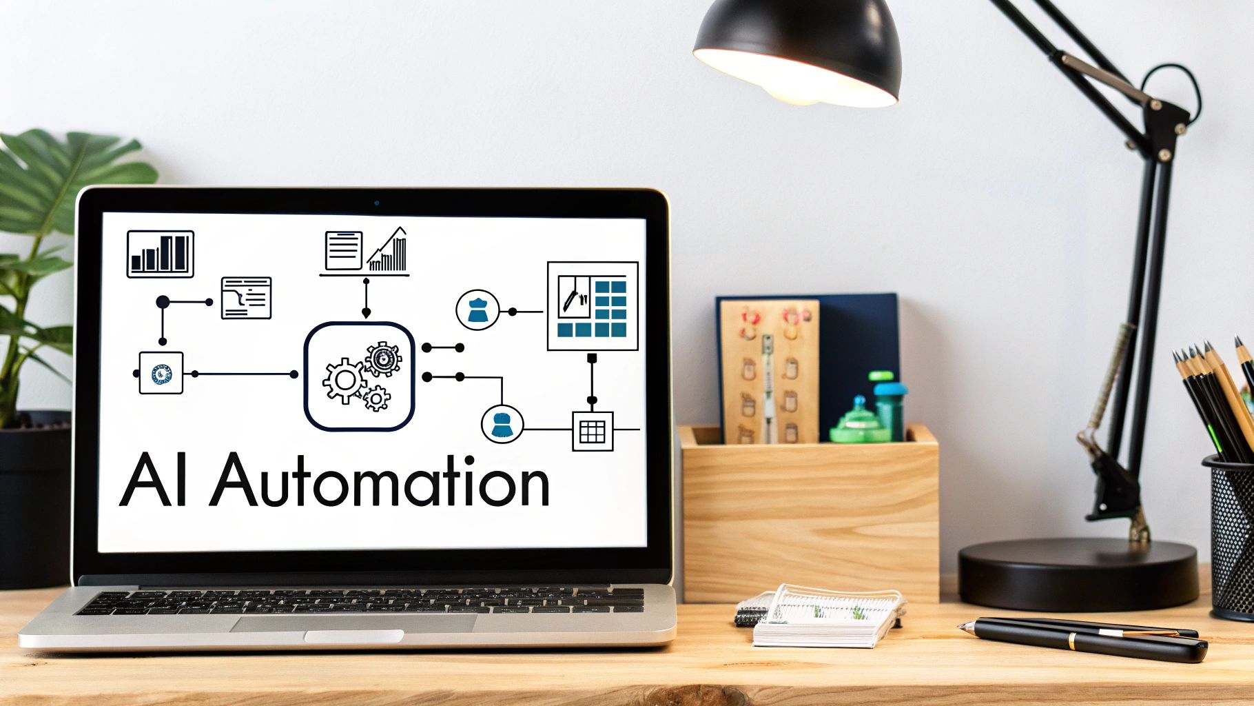 A laptop on a wooden desk displays an 'AI Automation' flowchart diagram with icons.
