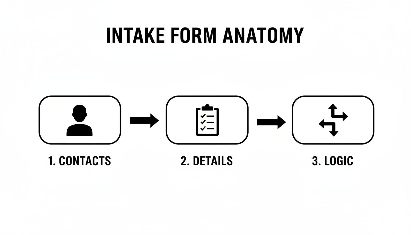 A flowchart illustrating the intake form anatomy with three stages: contacts (person), details (checklist), and logic (arrows).