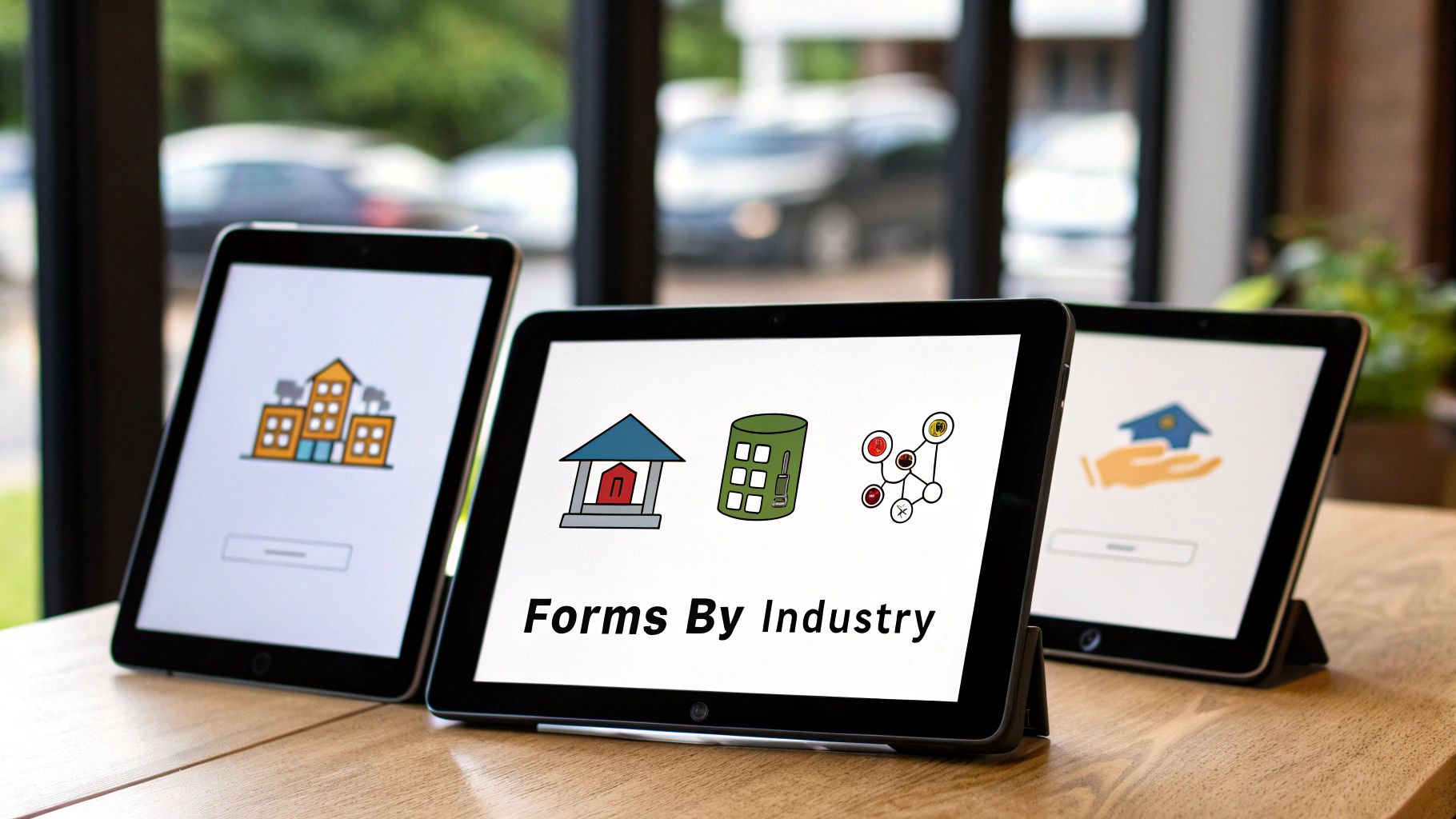 Three tablets on a wooden table display various industry-specific form icons and the text "Forms By Industry".