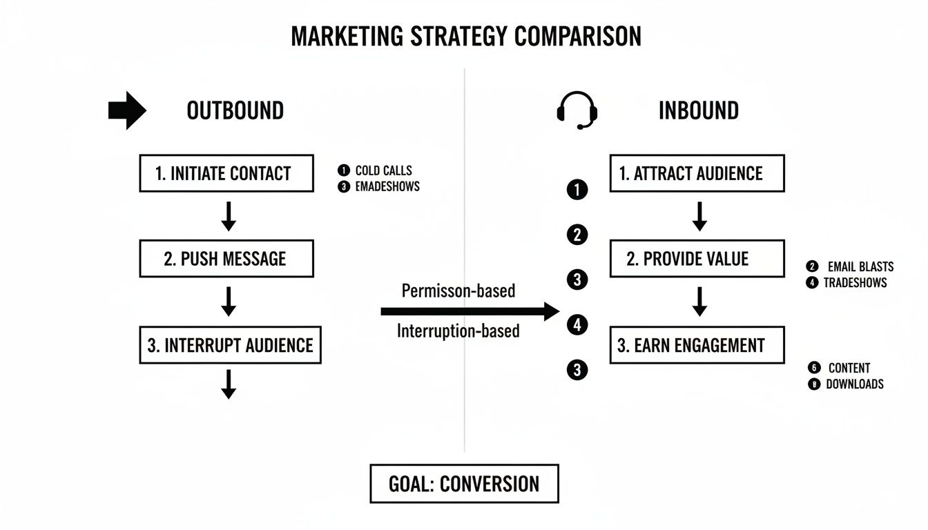 A diagram comparing outbound (interruption-based) and inbound (permission-based) marketing strategies.