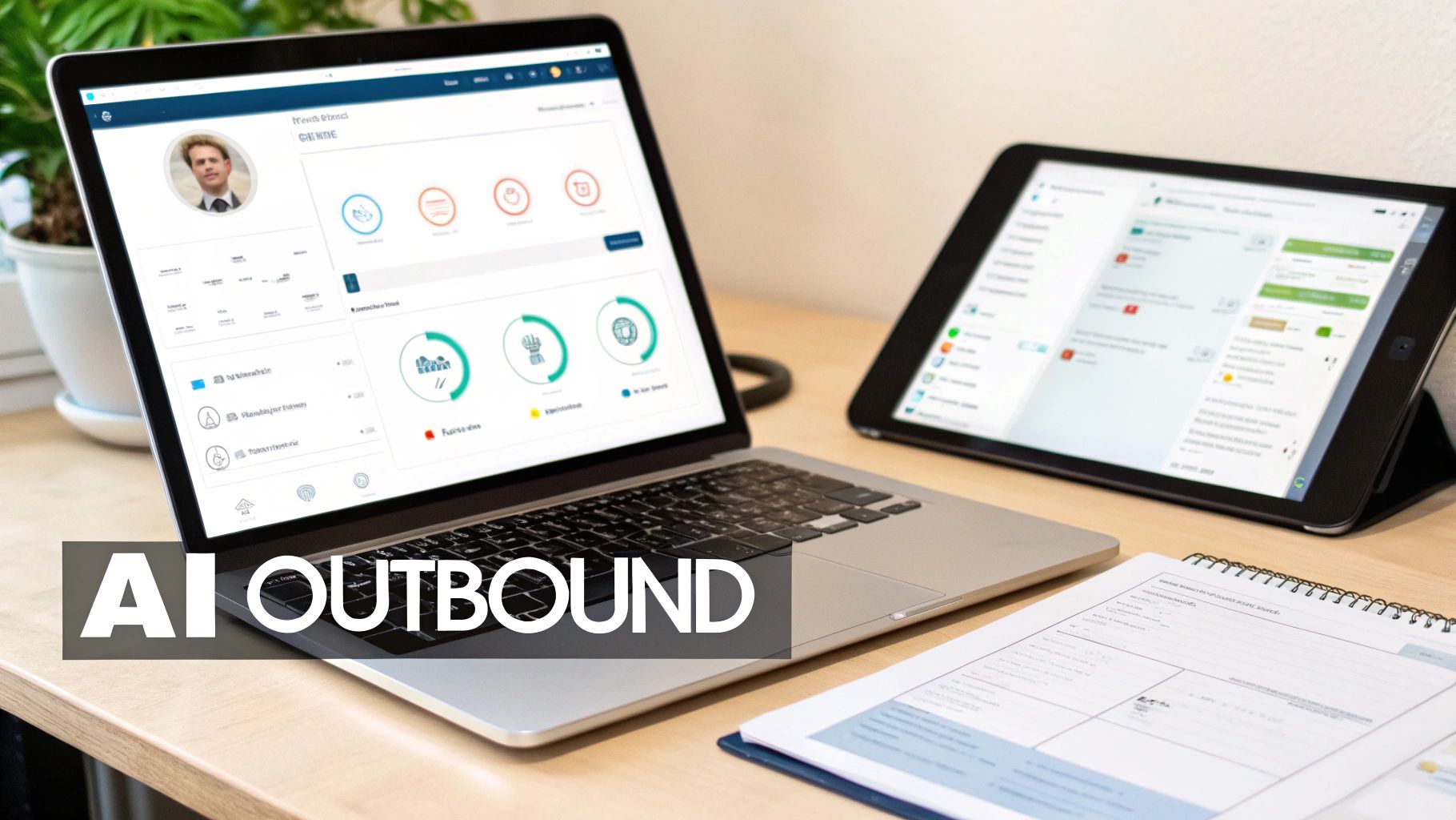 A laptop and tablet on a desk displaying business dashboards, with 'AI OUTBOUND' text.