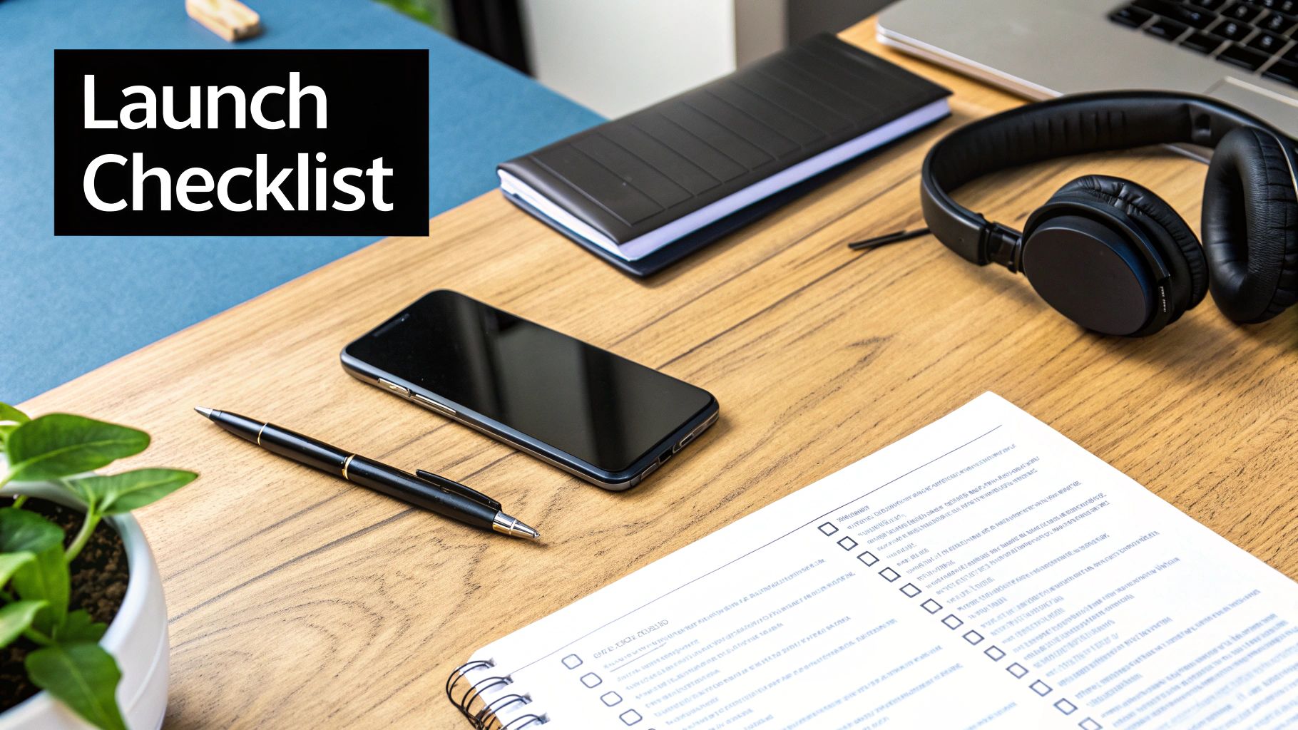 A top-down view of a desk with a 'Launch Checklist' sign, smartphone, pen, and a document with checkboxes.