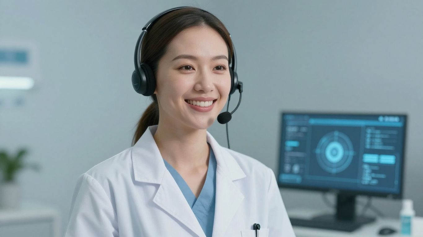 Healthcare professional using a headset for virtual patient communication.