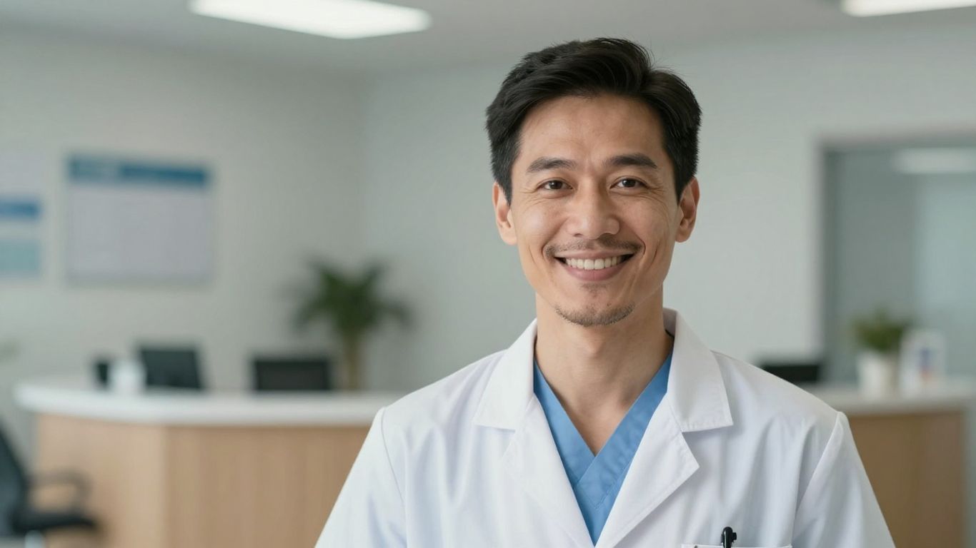 Healthcare professional smiling in a modern office setting.