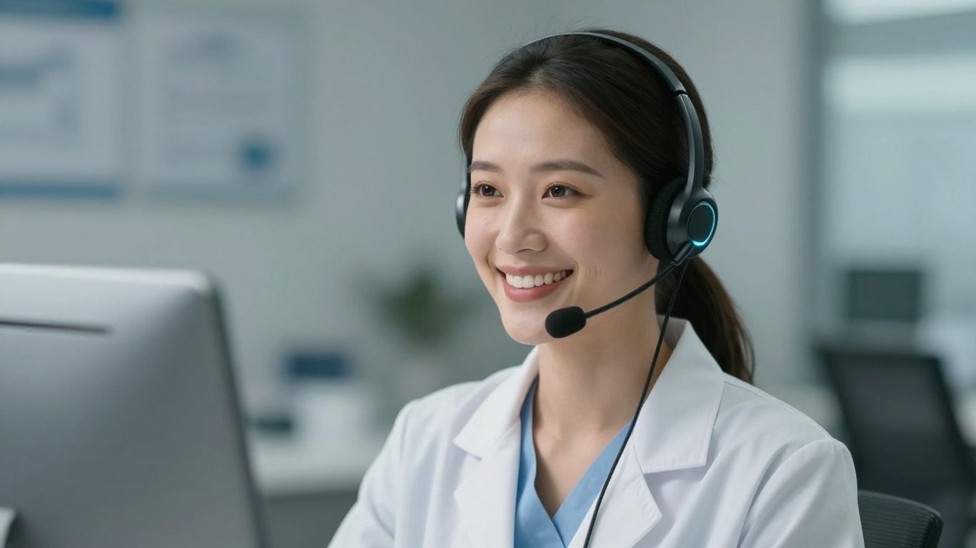 Healthcare professional with headset, offering virtual assistance.