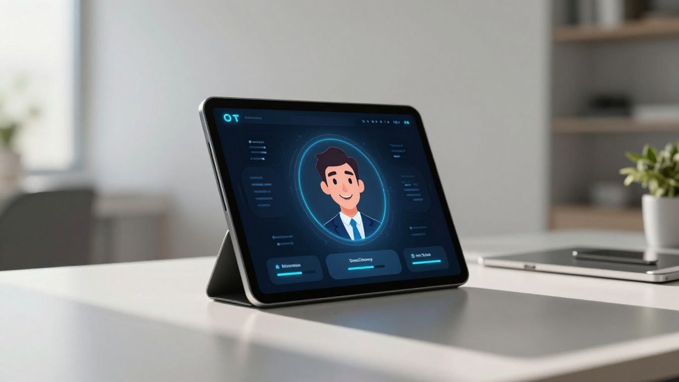 AI receptionist interface on a tablet in a home office.
