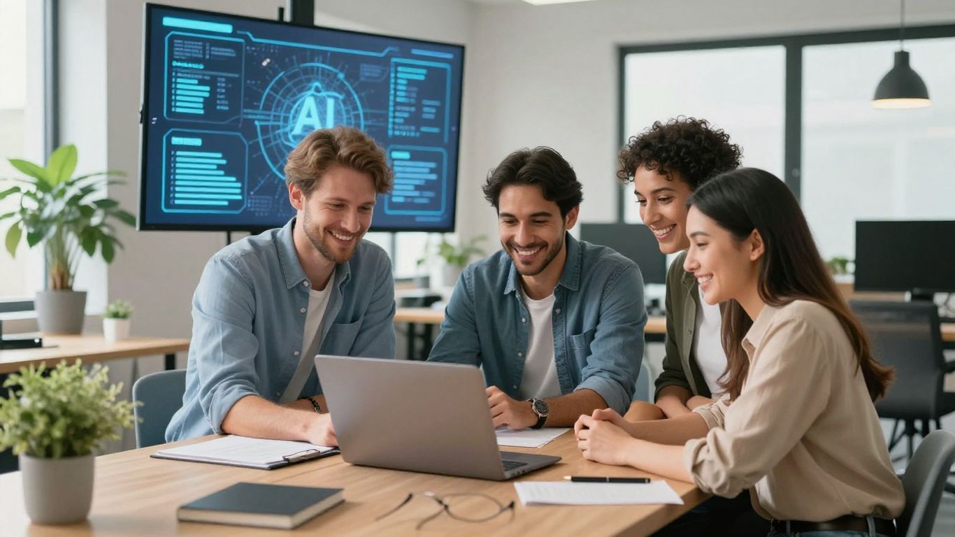 Team using AI in modern office workspace