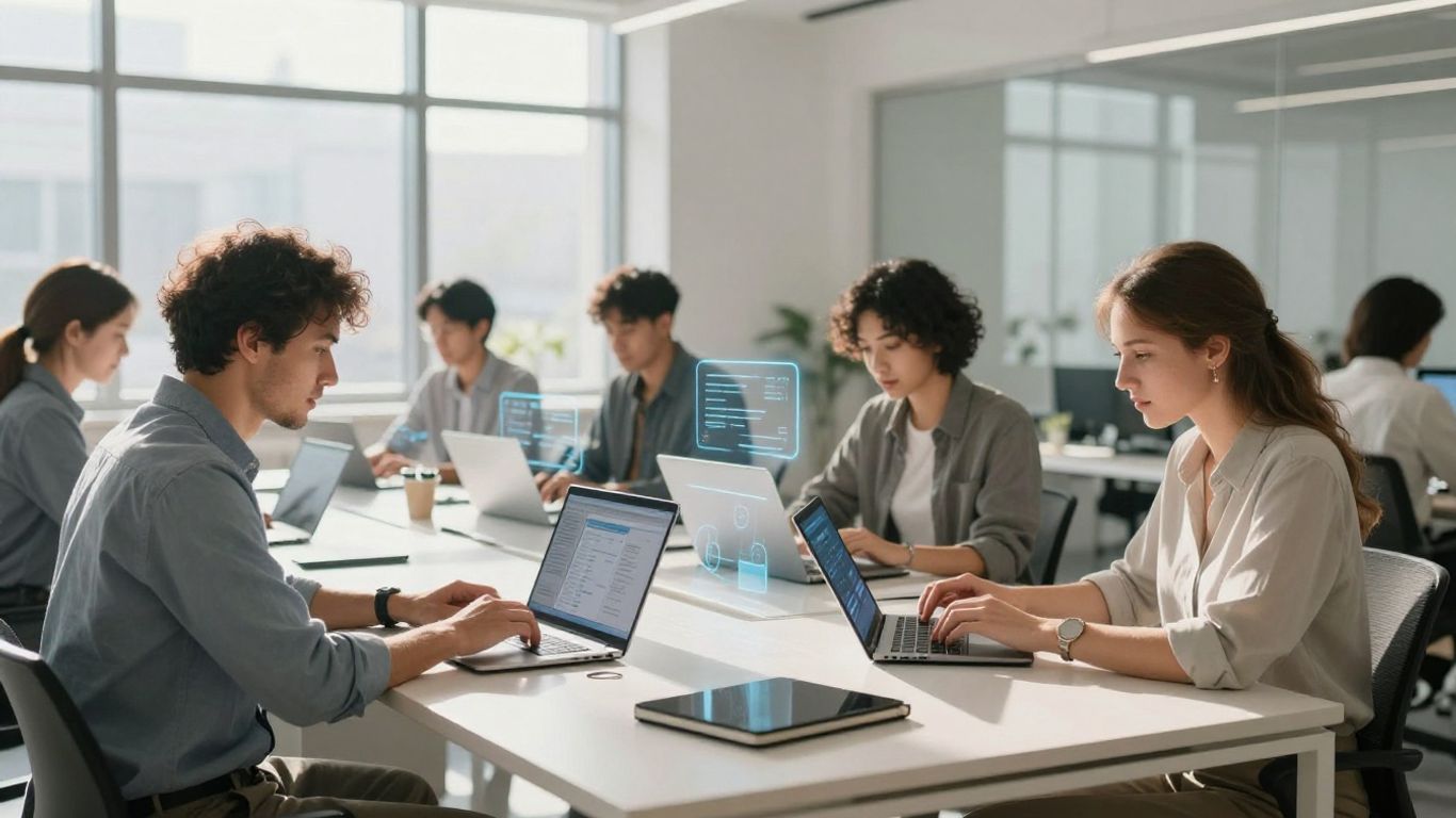 Small business owners using AI tools on laptops and tablets.