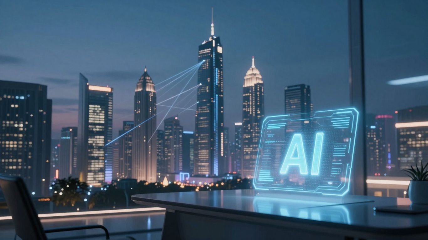 AI sales software integrating with CRM in a futuristic setting.