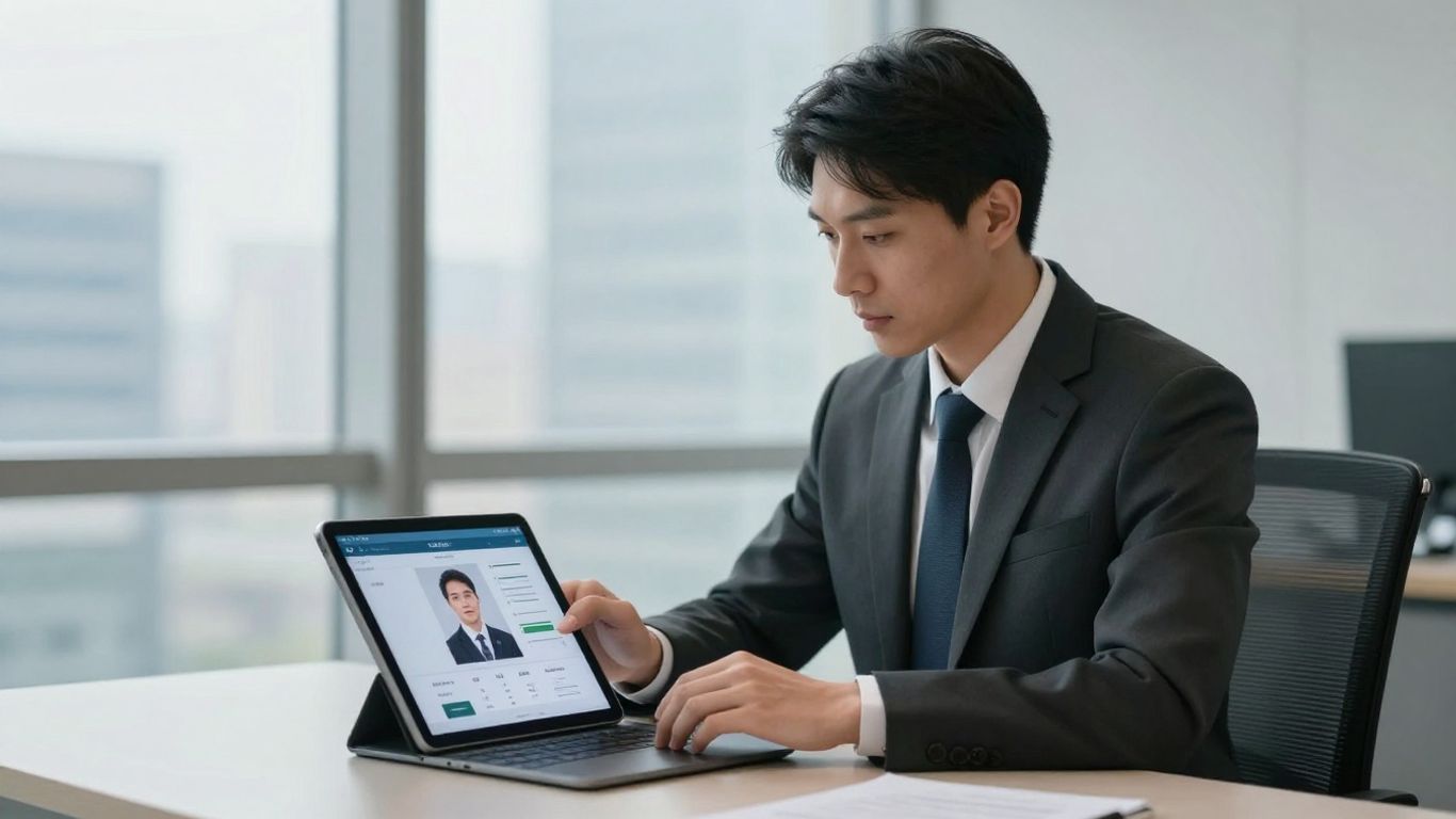 Lawyer using virtual receptionist technology on a tablet.
