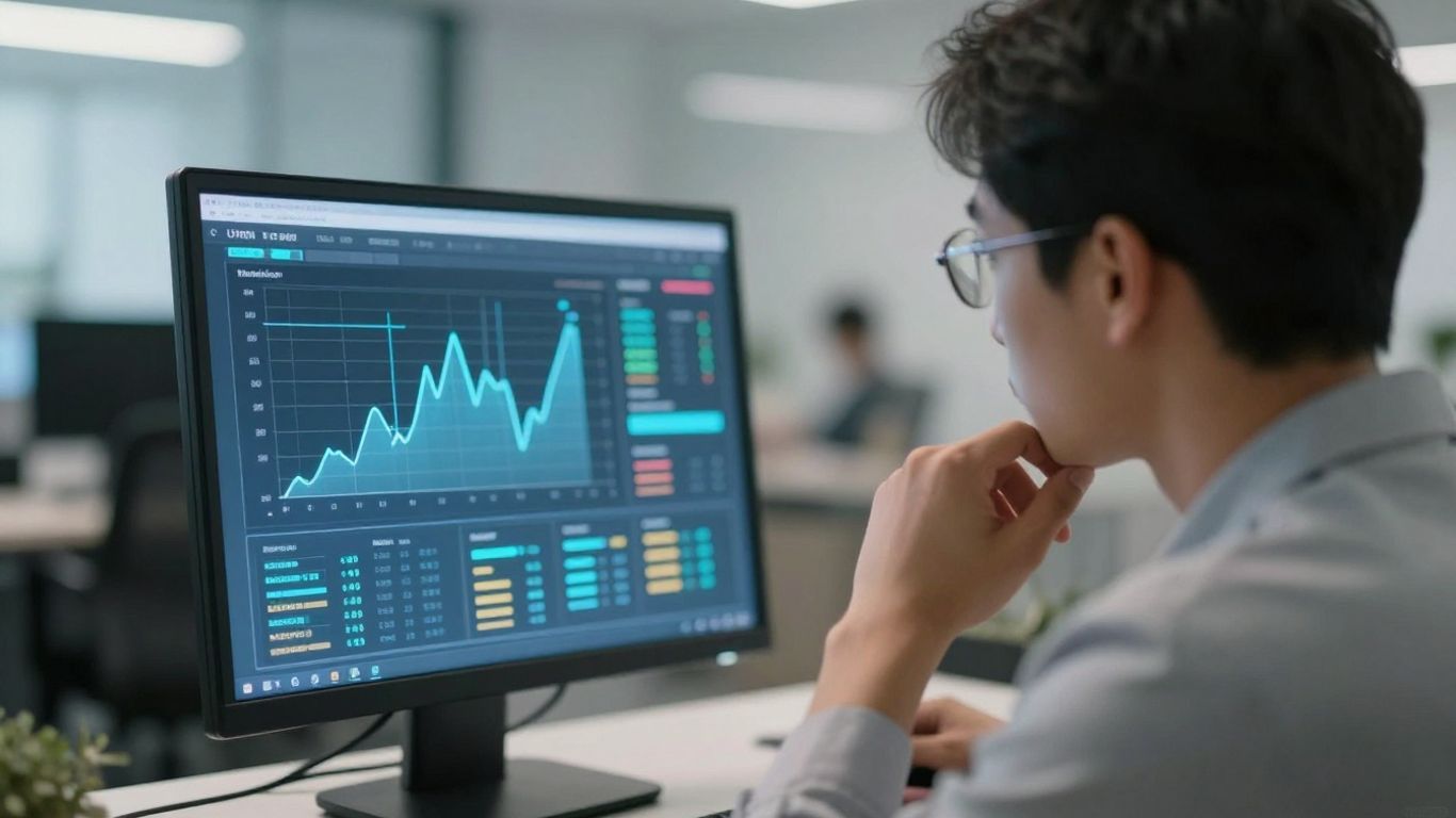 Small business owner analyzing AI data for growth.