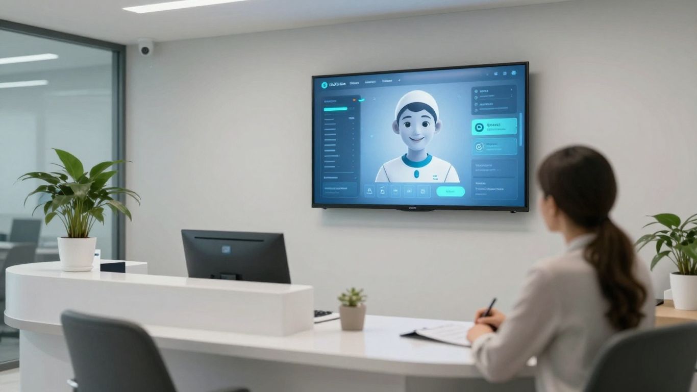 AI receptionist interface in a modern medical office.
