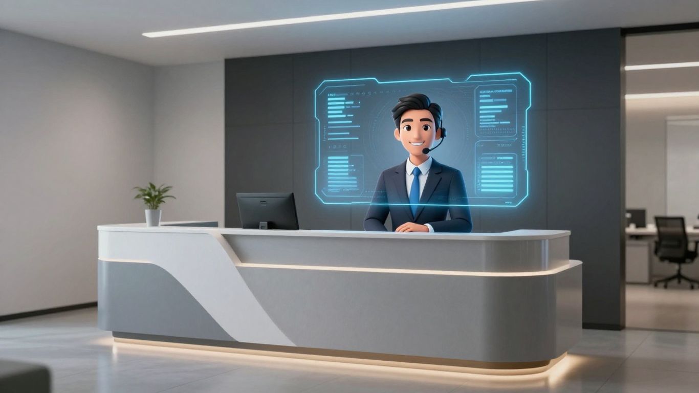 AI virtual receptionist avatar in a modern office.
