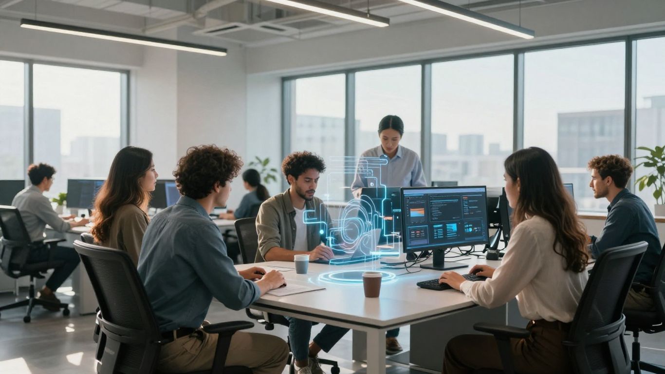 Team working with futuristic AI interfaces in a modern office.