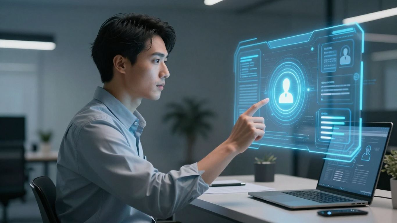 Business owner using AI customer service tools.