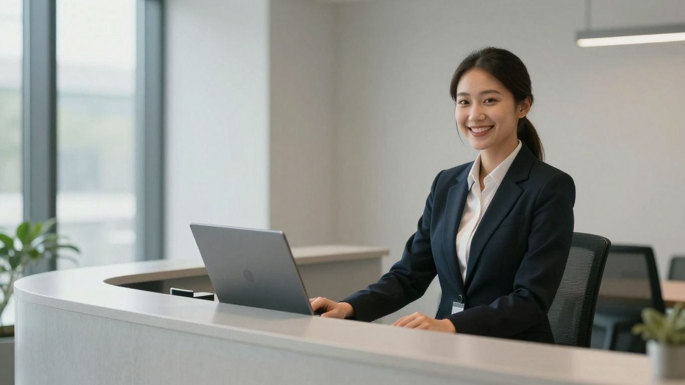 Professional receptionist in a modern office environment.