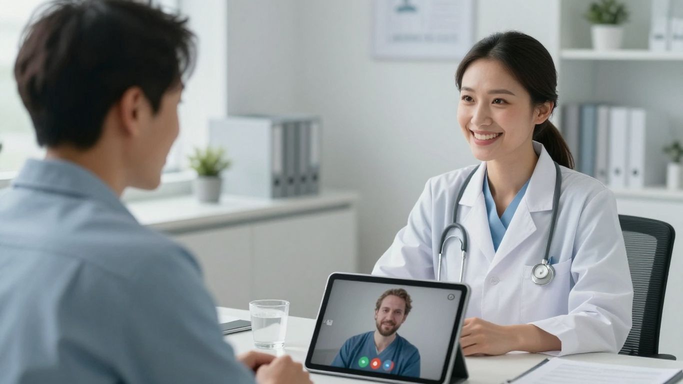 Healthcare professional on tablet assisting patient