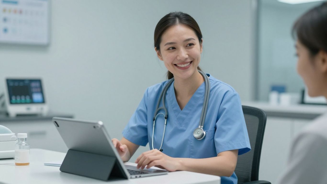 Healthcare professional assisting patient via tablet.