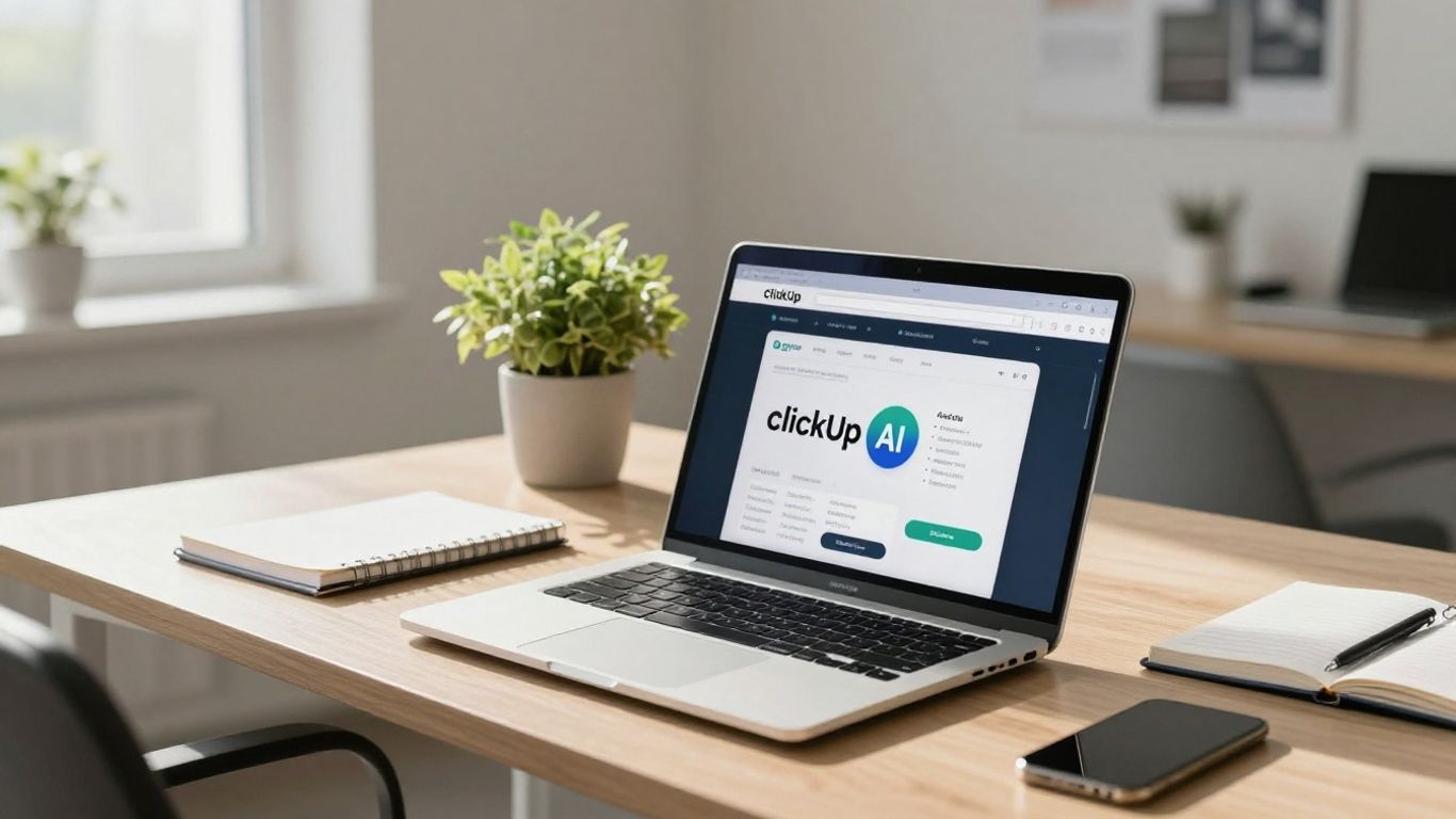 ClickUp AI interface on a laptop in an office.